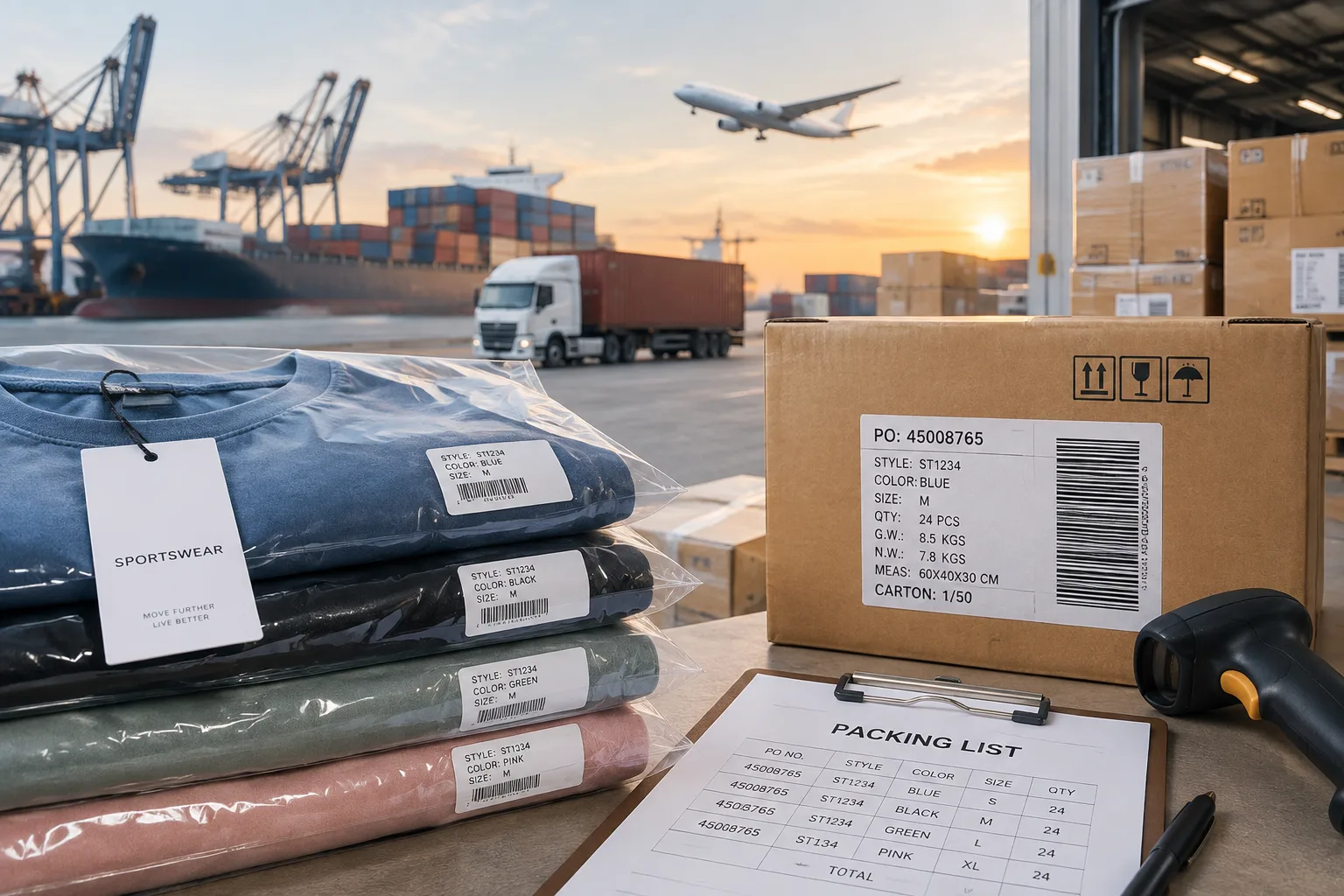 Apparel packing inspection with barcode labels, cartons, and shipping documents before warehouse delivery