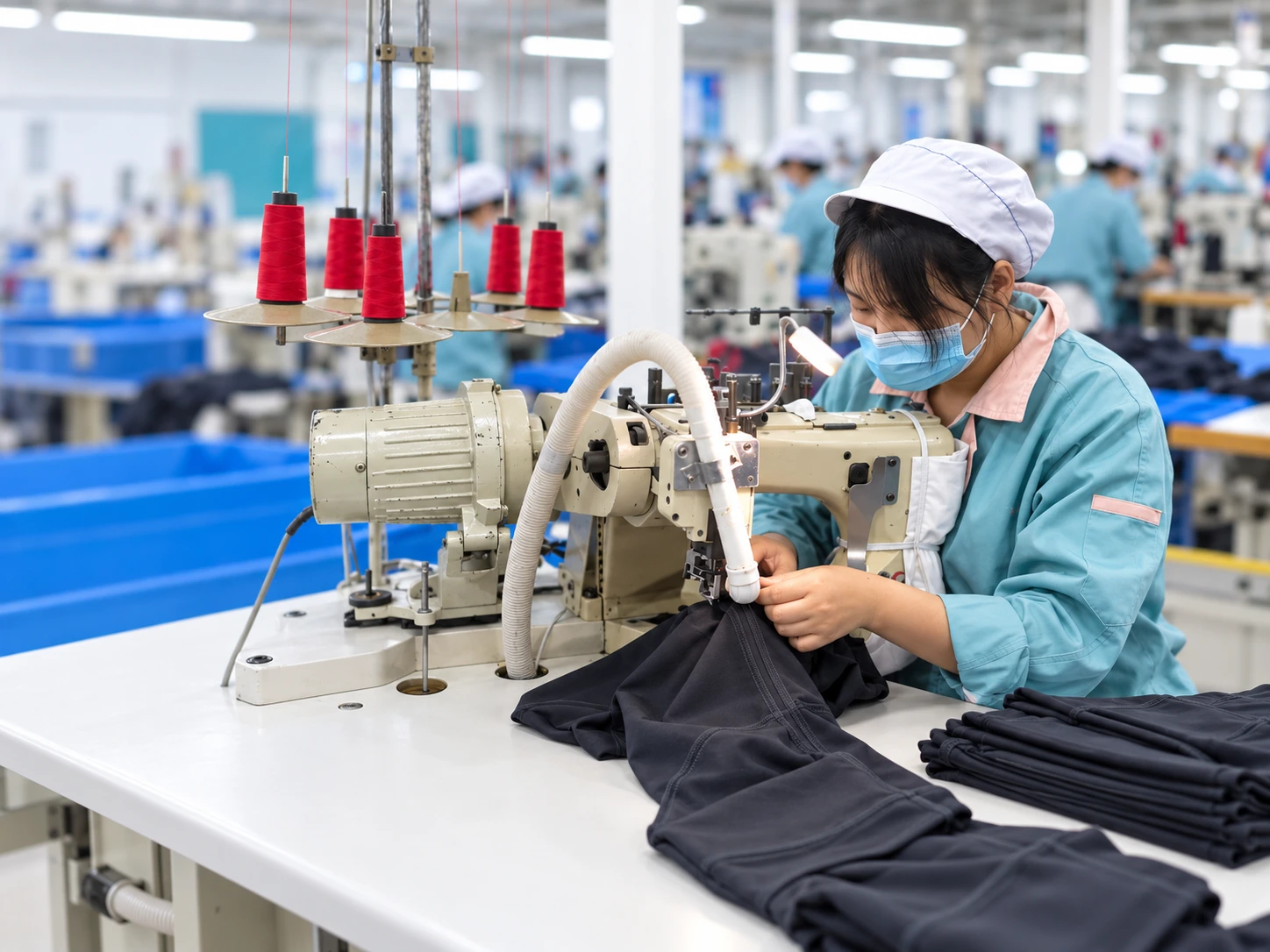 Industrial sewing machines used in activewear garment production