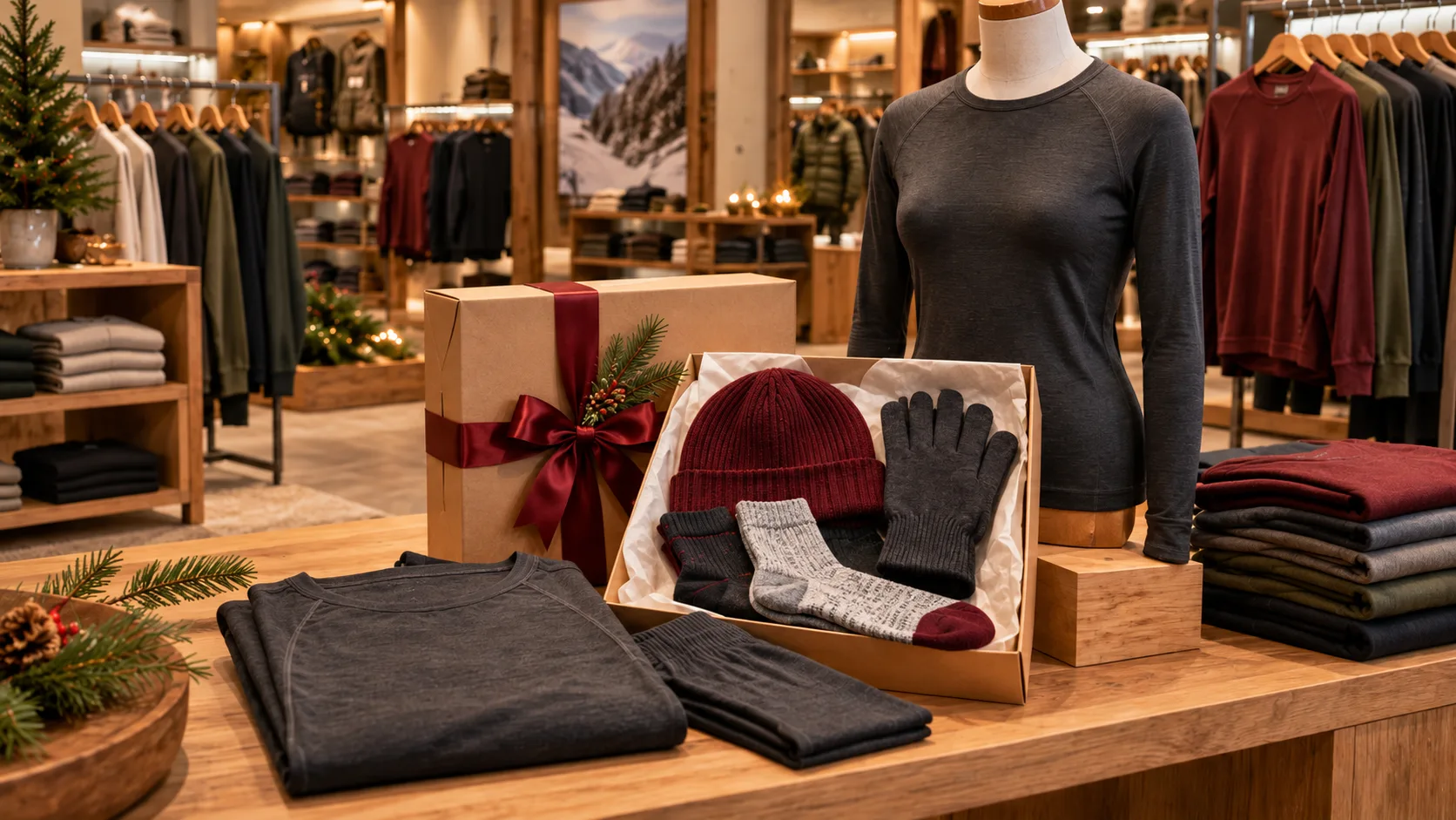 Outdoor apparel retail display with seasonal clothing collection