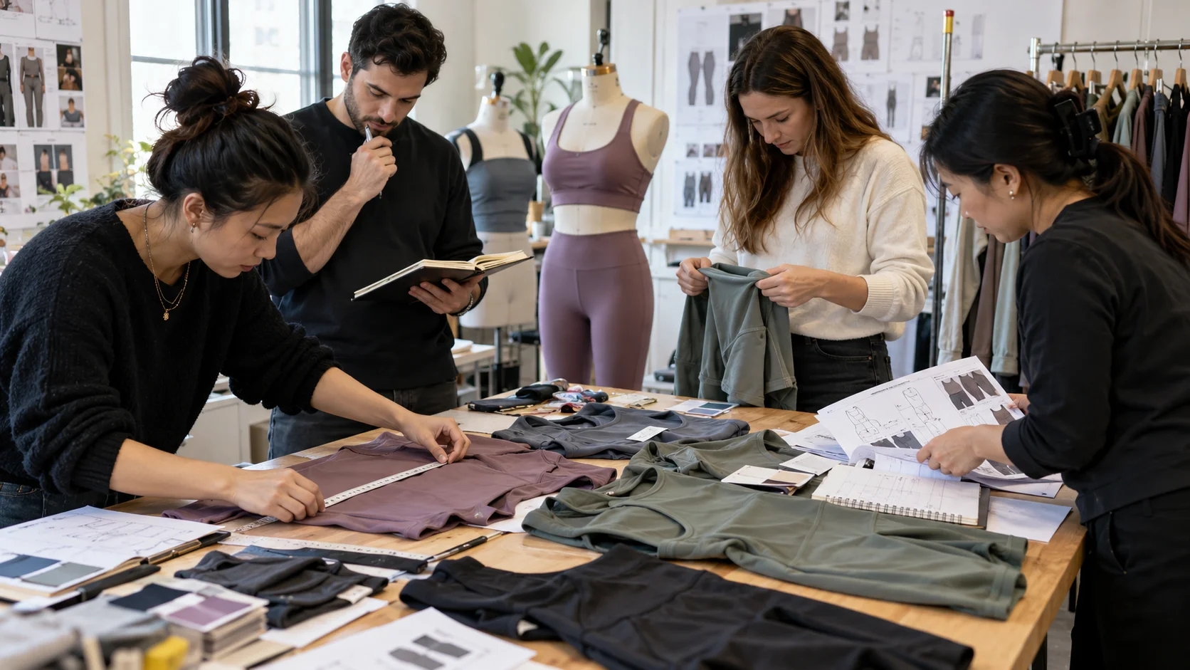 Apparel team measuring and reviewing clothing samples beside a fit mannequin