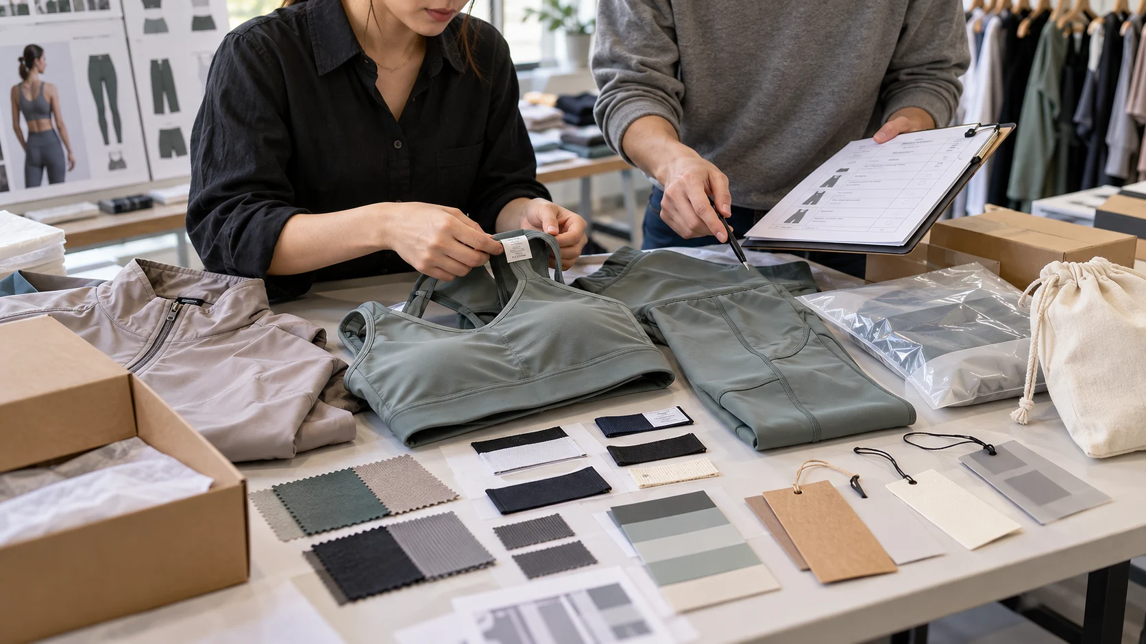 Buyer checking activewear labels, packaging, color references, and pre-production approval records