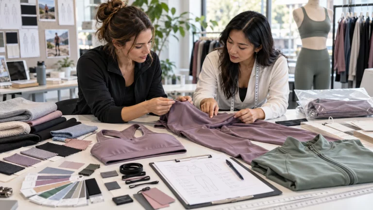 Buyer checking activewear labels, packaging, color references, and pre-production approval records
