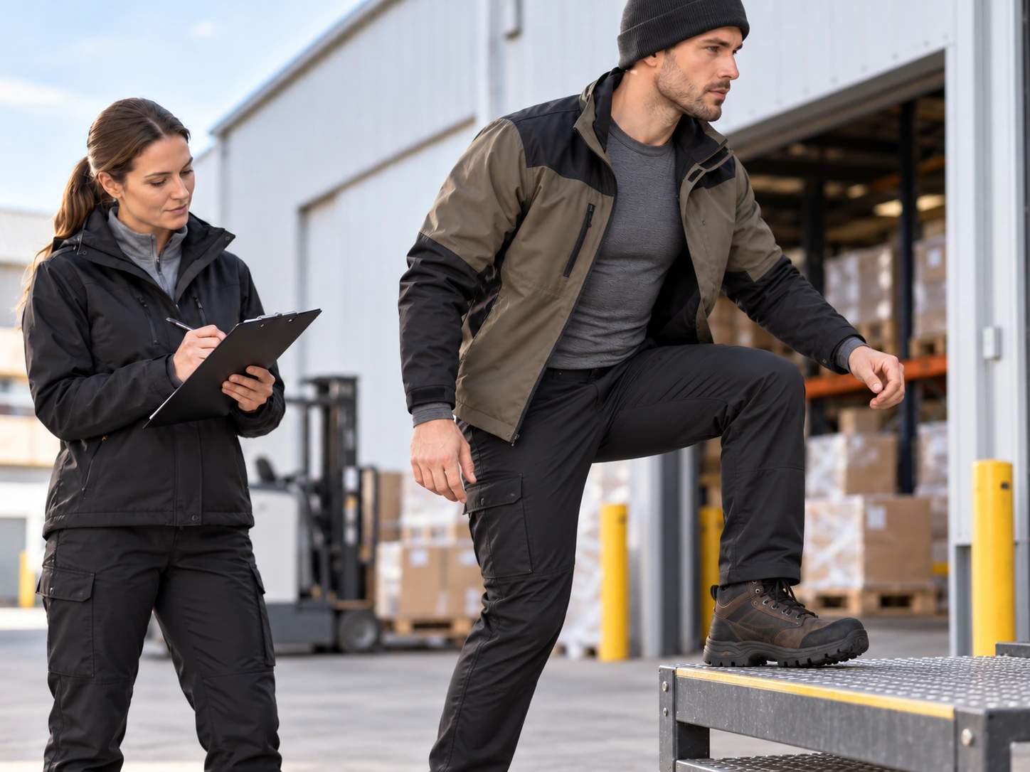 Evaluator recording a worker’s step-up movement while testing a thermal base layer under layered workwear