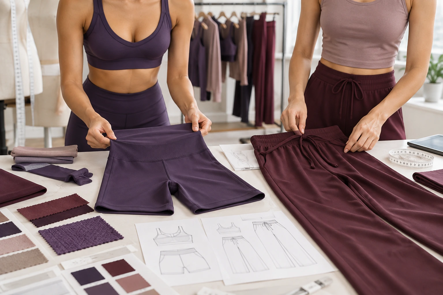 Yoga wear designers comparing fitted shorts and relaxed pants with fabric swatches and pattern sketches